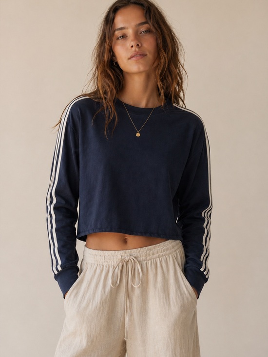 TNA Tops - Aritzia TNA Navy Long-Sleeve Cropped Top with Stripe Detail